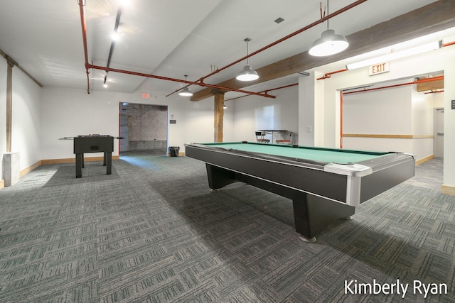 rec room with pool table and dark colored carpet