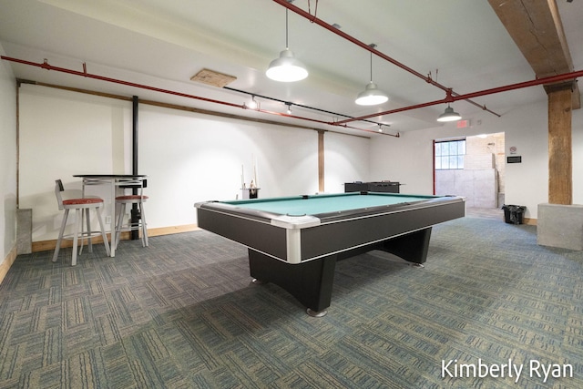 recreation room with dark colored carpet and pool table