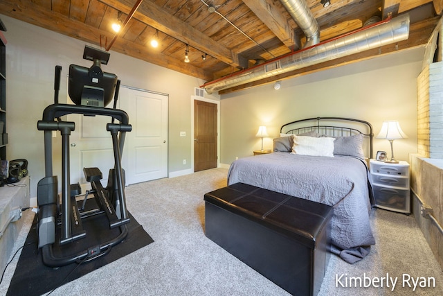 carpeted bedroom with wood ceiling and beamed ceiling