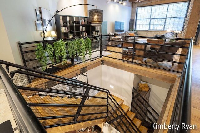 stairs with hardwood / wood-style flooring