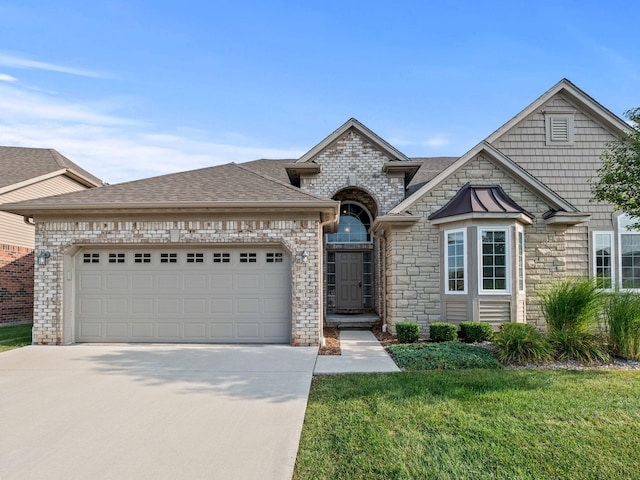 view of front of home featuring a front yard and a garage