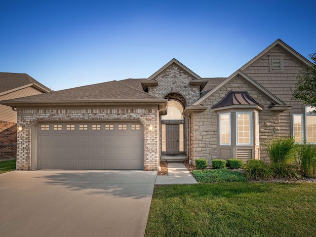 view of front of home with a garage and a front lawn