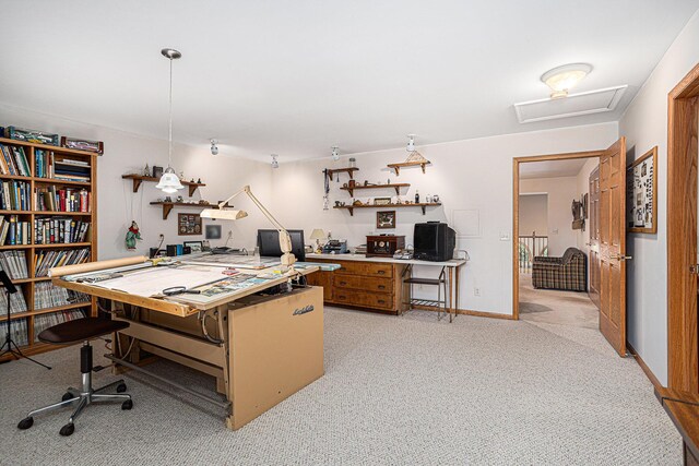 office area featuring light carpet