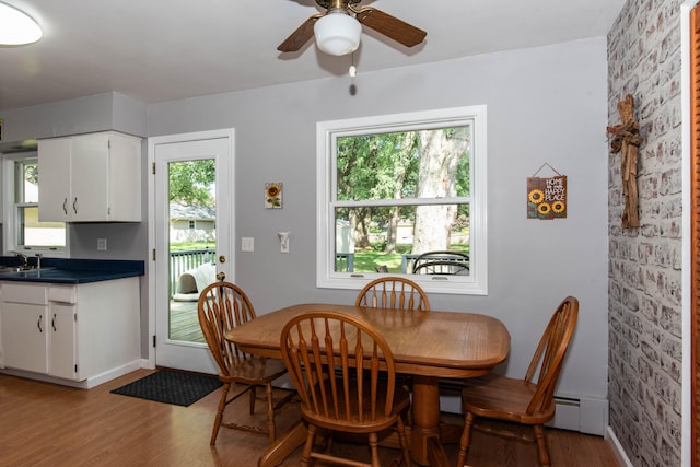 dining space featuring plenty of natural light, light hardwood / wood-style floors, sink, and ceiling fan