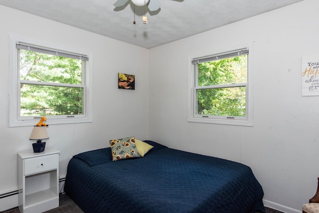 bedroom with ceiling fan and baseboard heating