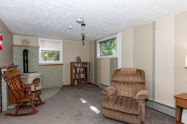 living area with carpet, a textured ceiling, a baseboard radiator, and a wood stove