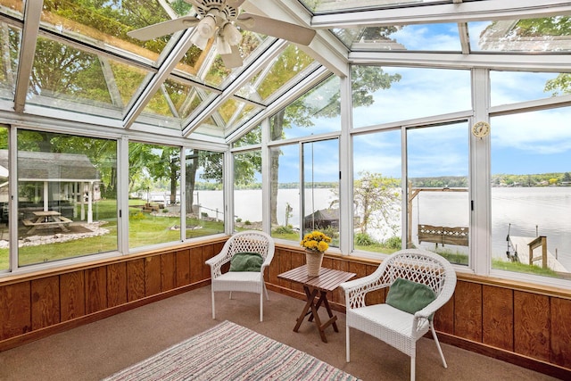 5540 Cozy Point Dr, Newaygo, MI 49337 - sunroom featuring a water view, vaulted ceiling, and ceiling fan