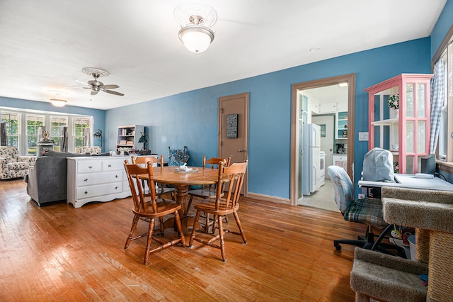 dining room with light wood-type flooring and ceiling fan