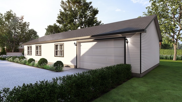 exterior space with an outdoor structure, a yard, and a garage