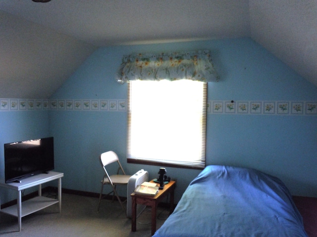 bedroom with lofted ceiling and carpet