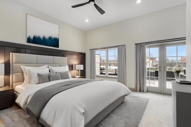 bedroom featuring carpet, ceiling fan, access to outside, and french doors