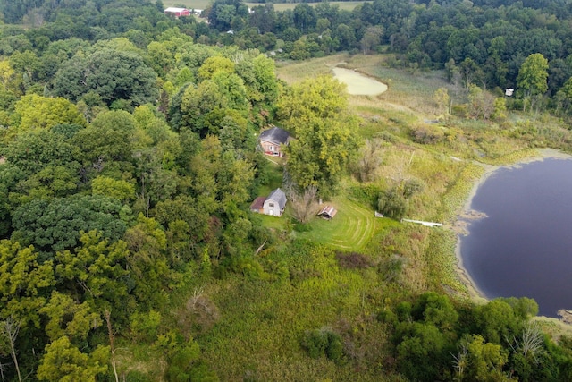 drone / aerial view with a water view