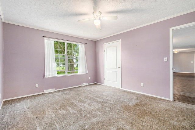 empty room featuring a textured ceiling, ceiling fan, and carpet floors