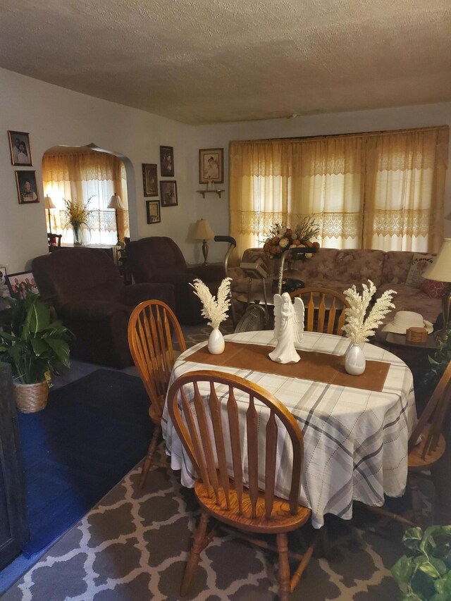 dining room featuring carpet flooring and a textured ceiling