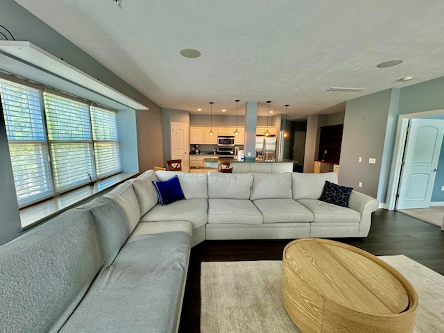 living room with a textured ceiling and hardwood / wood-style flooring