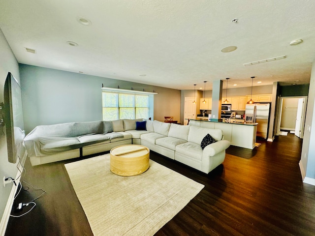 living room with dark hardwood / wood-style flooring and a textured ceiling