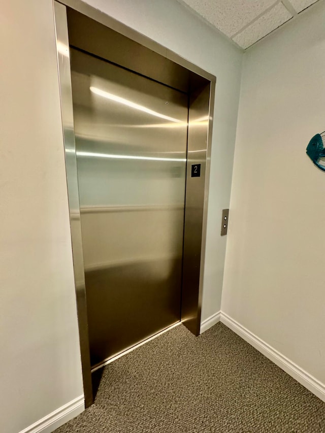 details with a paneled ceiling, elevator, and carpet floors