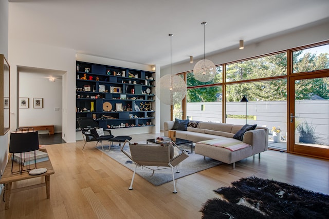 living room with built in shelves and wood-type flooring