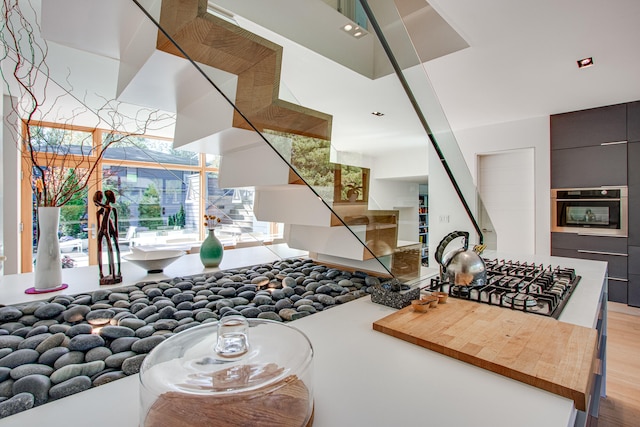 kitchen featuring stainless steel appliances and light hardwood / wood-style flooring