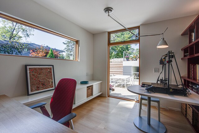 office space featuring plenty of natural light and light hardwood / wood-style floors