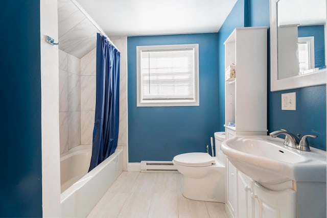 full bathroom featuring toilet, tile patterned floors, vanity, a baseboard heating unit, and shower / tub combo with curtain