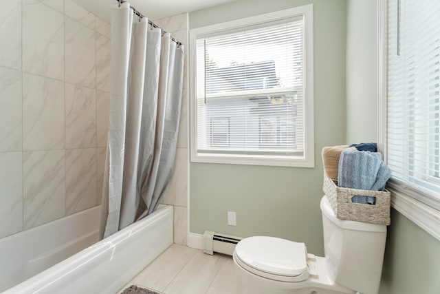 bathroom featuring plenty of natural light, toilet, shower / bath combination with curtain, and a baseboard radiator