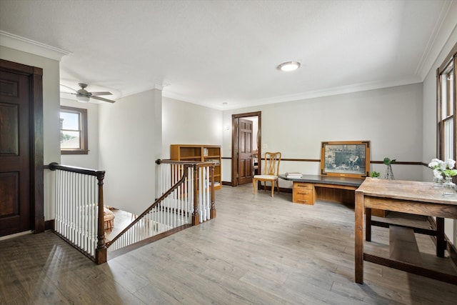 interior space with ornamental molding, hardwood / wood-style floors, and ceiling fan