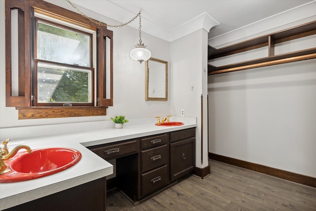 bathroom with hardwood / wood-style floors, a wealth of natural light, and vanity