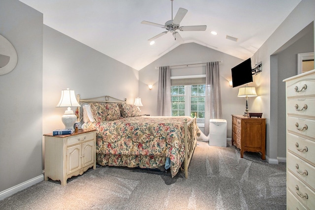 bedroom featuring ceiling fan, vaulted ceiling, and carpet floors