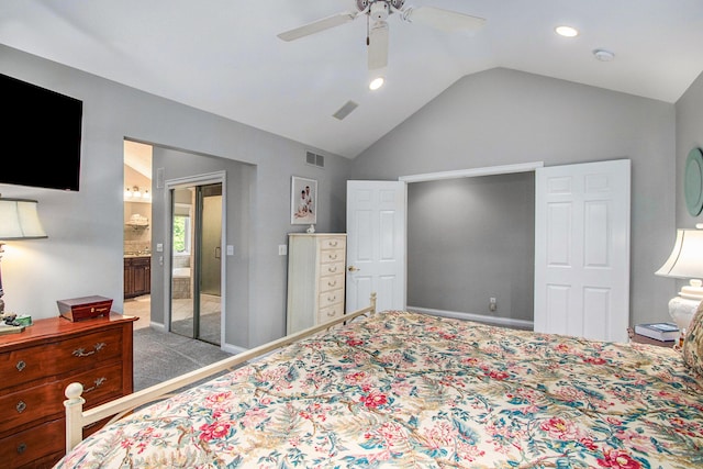 bedroom featuring vaulted ceiling, light colored carpet, and ceiling fan