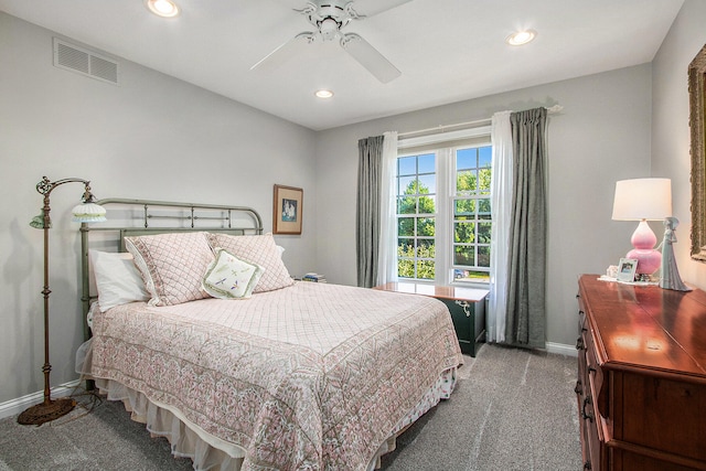 carpeted bedroom with ceiling fan