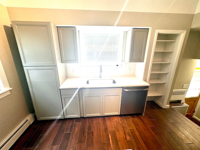 kitchen featuring a baseboard heating unit, dark wood-type flooring, stainless steel dishwasher, and sink