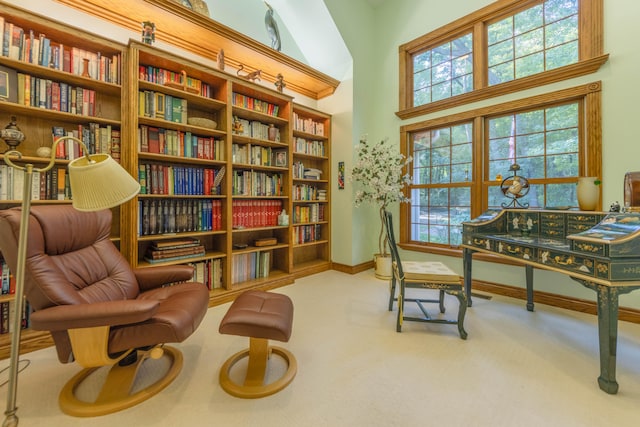 sitting room featuring carpet flooring and a towering ceiling