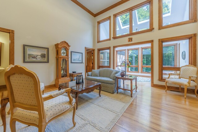 living room with light wood-type flooring, plenty of natural light, and ornamental molding