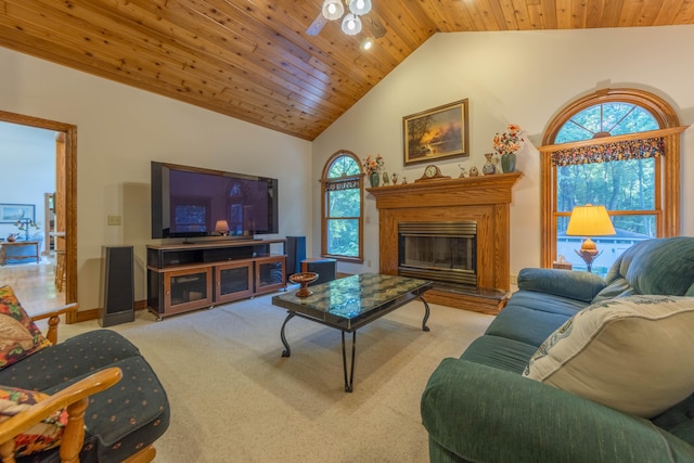 living room with ceiling fan, light carpet, vaulted ceiling, and wooden ceiling