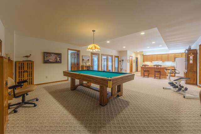 recreation room featuring pool table and light colored carpet