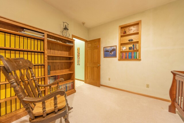 sitting room with light colored carpet