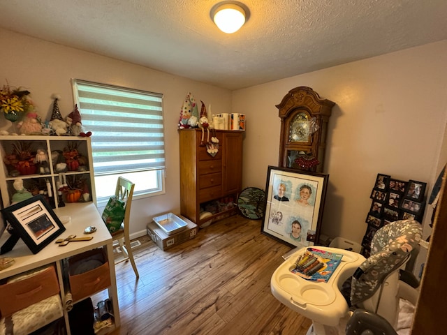 home office with wood-type flooring and a textured ceiling