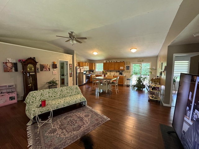 interior space featuring lofted ceiling, ceiling fan, and dark hardwood / wood-style floors