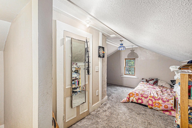 6991 E Apple Ave, Muskegon, MI 49442 - carpeted bedroom with lofted ceiling, a textured wall, and a textured ceiling