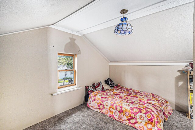 6991 E Apple Ave, Muskegon, MI 49442 - bedroom with a textured ceiling, a textured wall, lofted ceiling with beams, and carpet