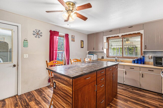 6991 E Apple Ave, Muskegon, MI 49442 - kitchen with tasteful backsplash, dark wood-style flooring, a sink, and a ceiling fan