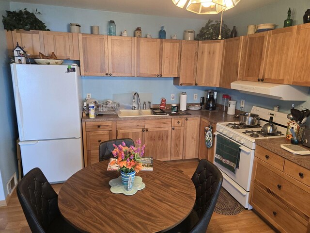 kitchen featuring white appliances, light hardwood / wood-style floors, extractor fan, and sink