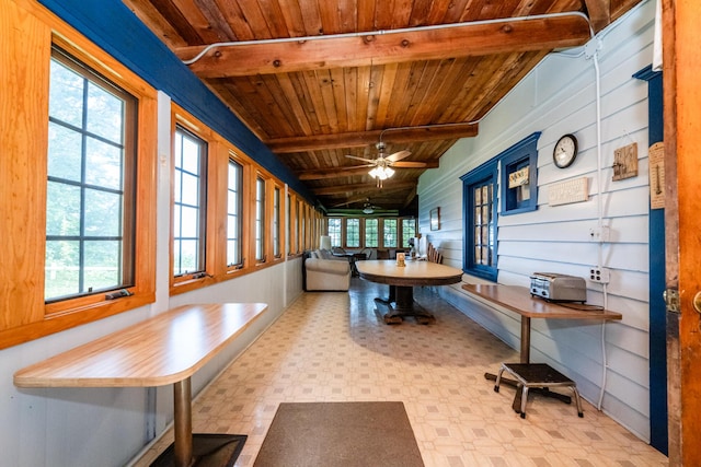 sunroom / solarium with a ceiling fan, beamed ceiling, wood ceiling, and a wealth of natural light