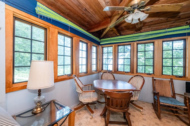 sunroom / solarium featuring lofted ceiling with beams, wood ceiling, and ceiling fan