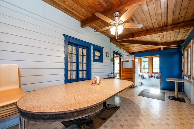 interior space featuring beam ceiling, tile patterned floors, wood ceiling, and ceiling fan