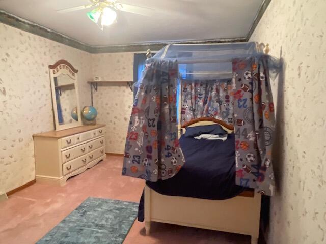 bedroom featuring ceiling fan and carpet floors