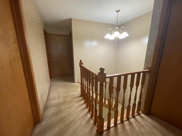 staircase featuring carpet flooring and a chandelier