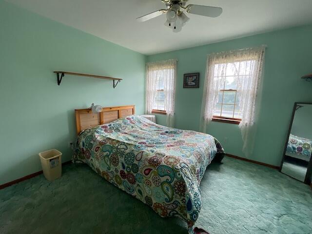 bedroom featuring ceiling fan and carpet floors