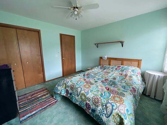 carpeted bedroom featuring ceiling fan and a closet